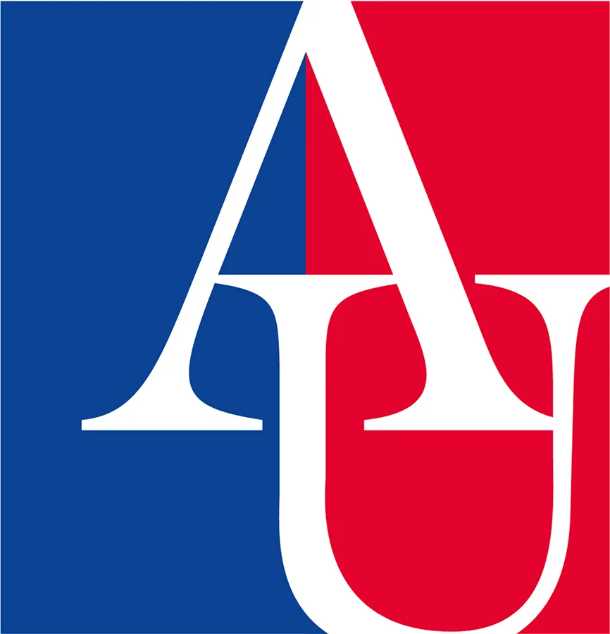 American University initials in white on a red and blue square
