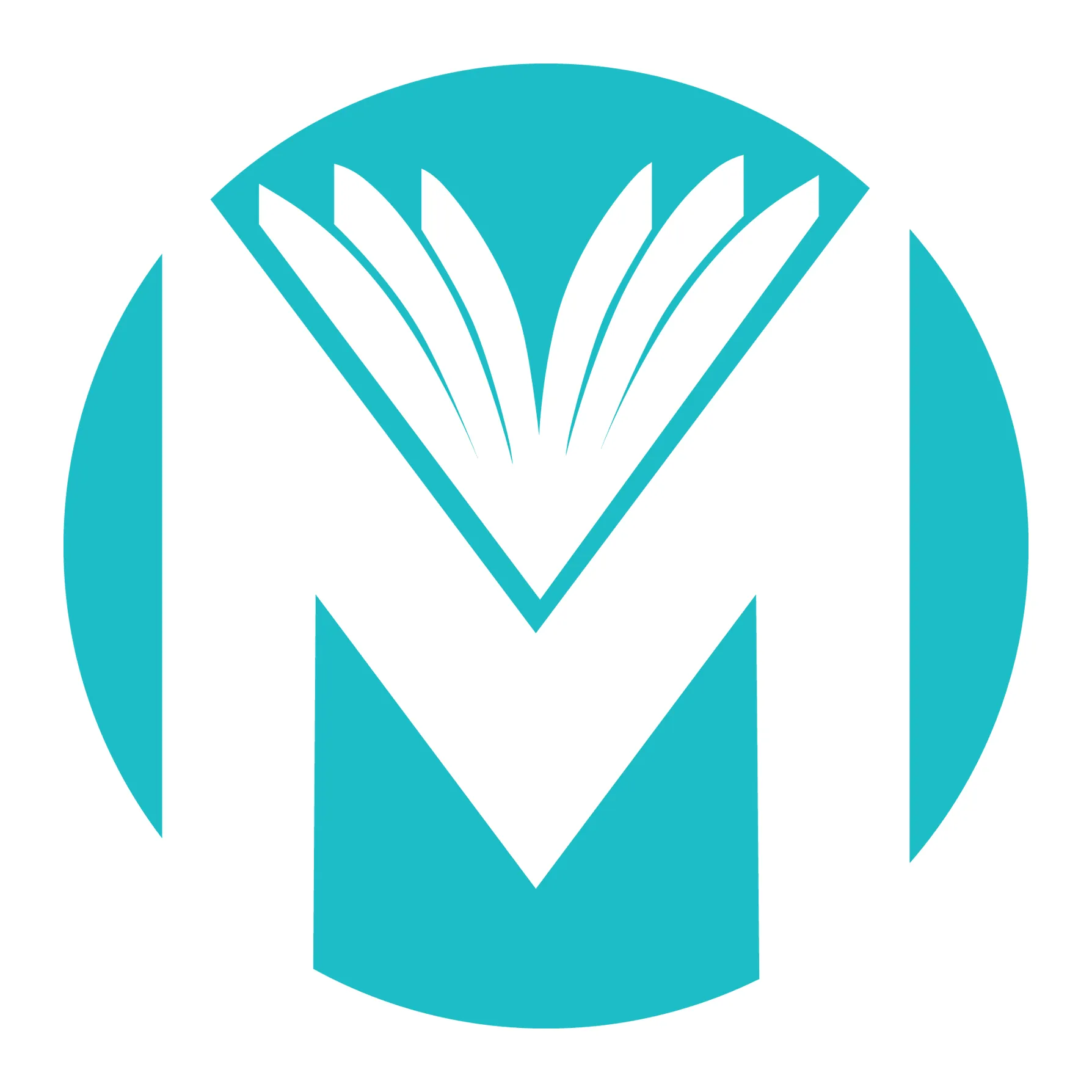 Turquoise circular logo with a white open-book letter M