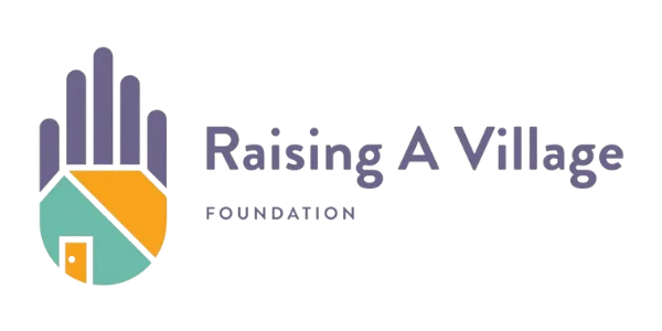 Raising A Village wordmark beside a multicolored raised hand