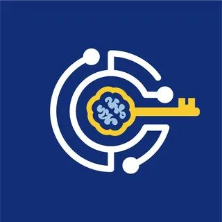 White circular technology symbol with a gold key on a navy square