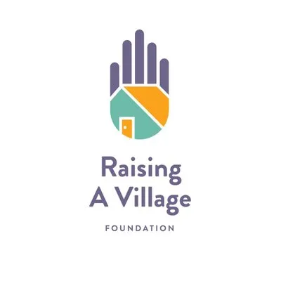Raising A Village wordmark beneath a multicolored raised hand