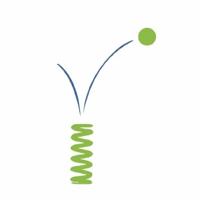 Blue and green spring-shaped mark ending in two dots