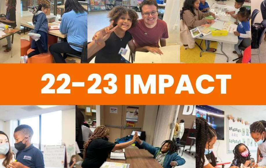 Impact collage with classroom photographs and an orange 22–23 banner
