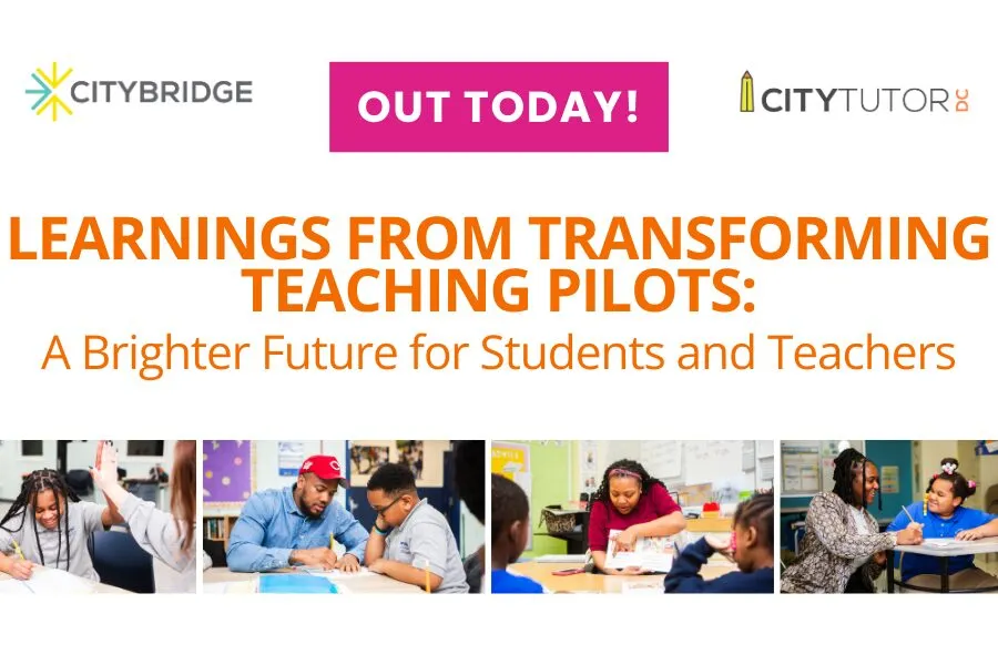 Graphic reading Learnings from Transforming Teaching Pilots above a strip of classroom photos