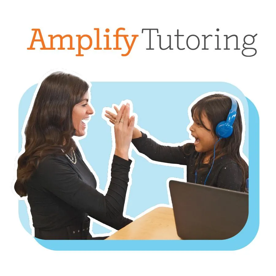 Amplify Tutoring graphic showing two women high-fiving over laptops