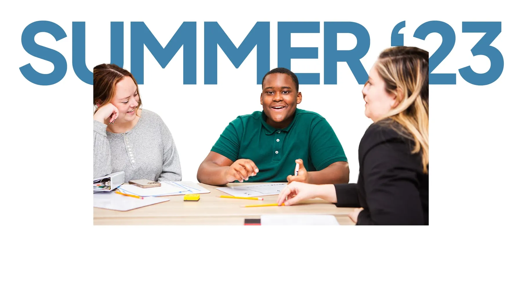 Summer 2023 graphic with three adults collaborating at a table