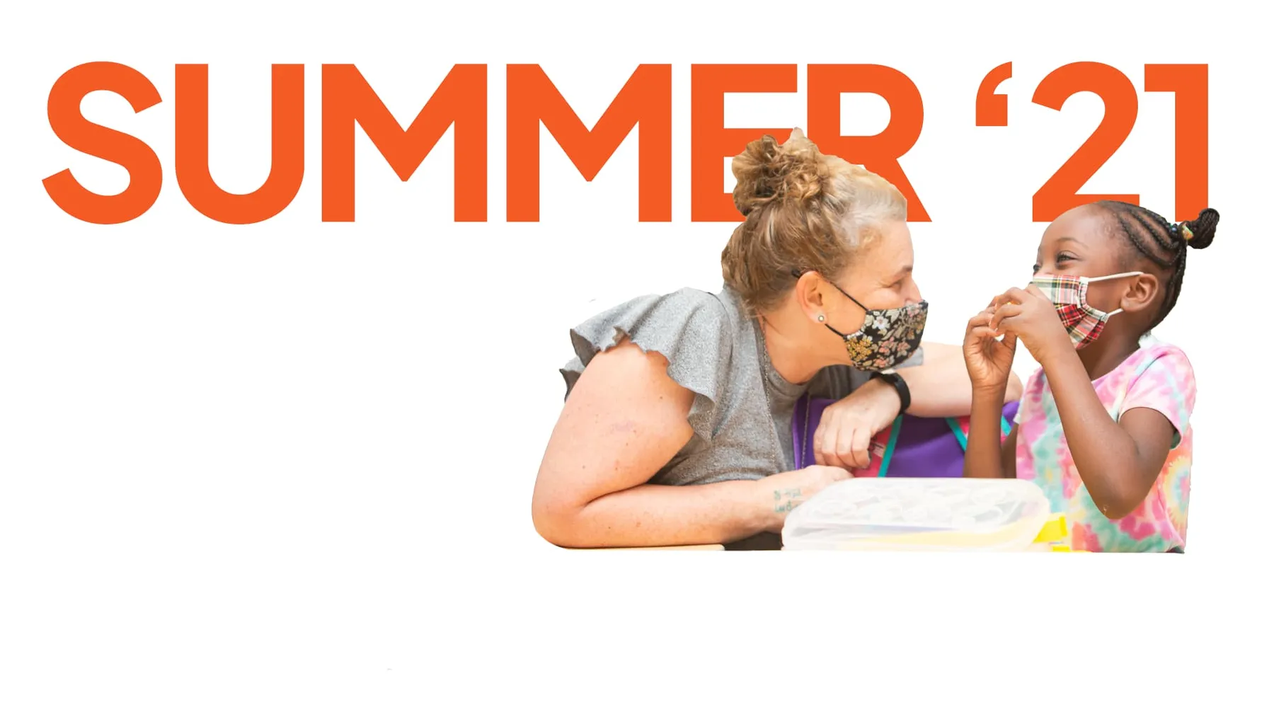 Summer 2021 graphic with a masked woman and child