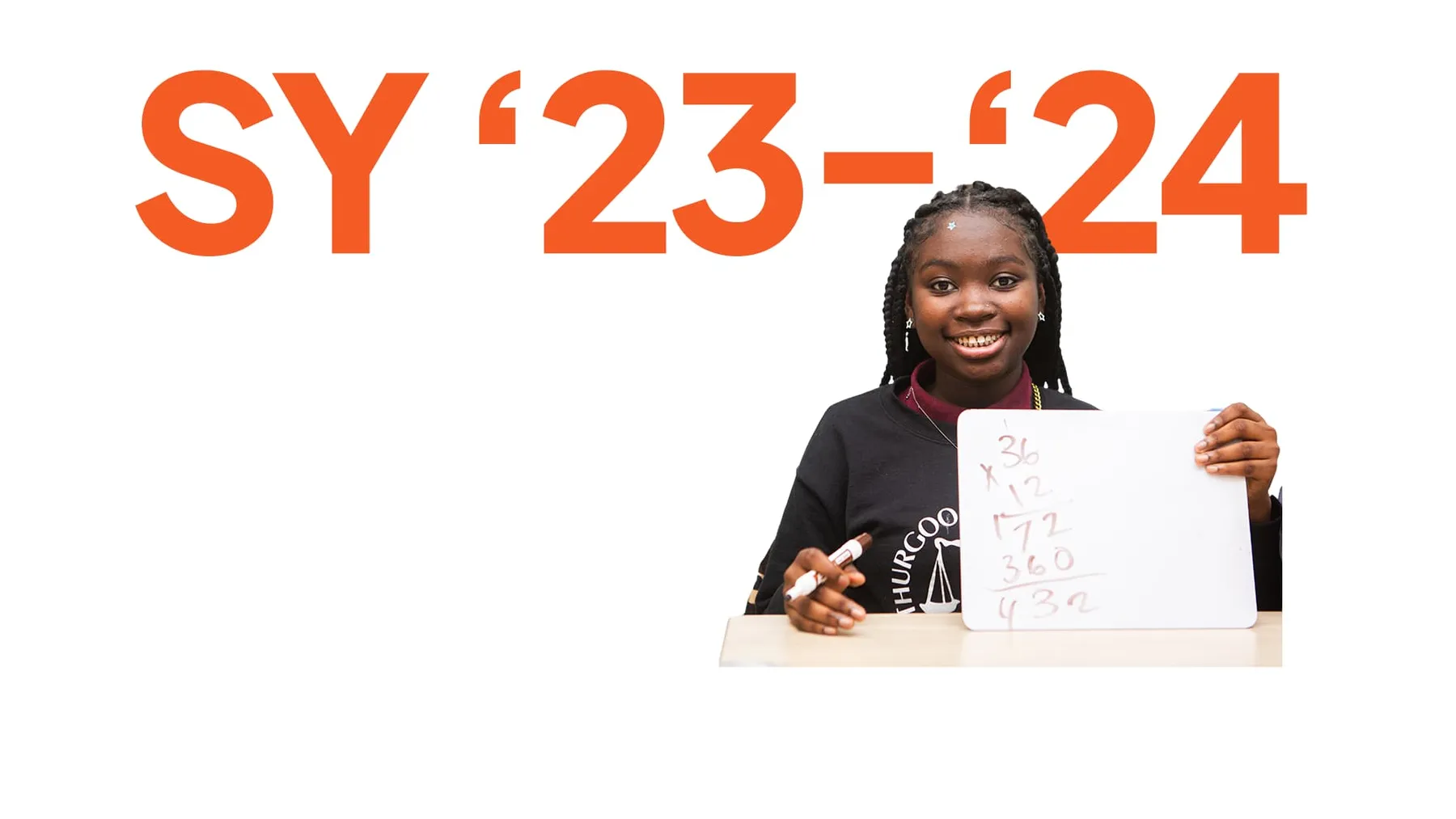 School year 2023–24 graphic with a smiling child holding up a drawing