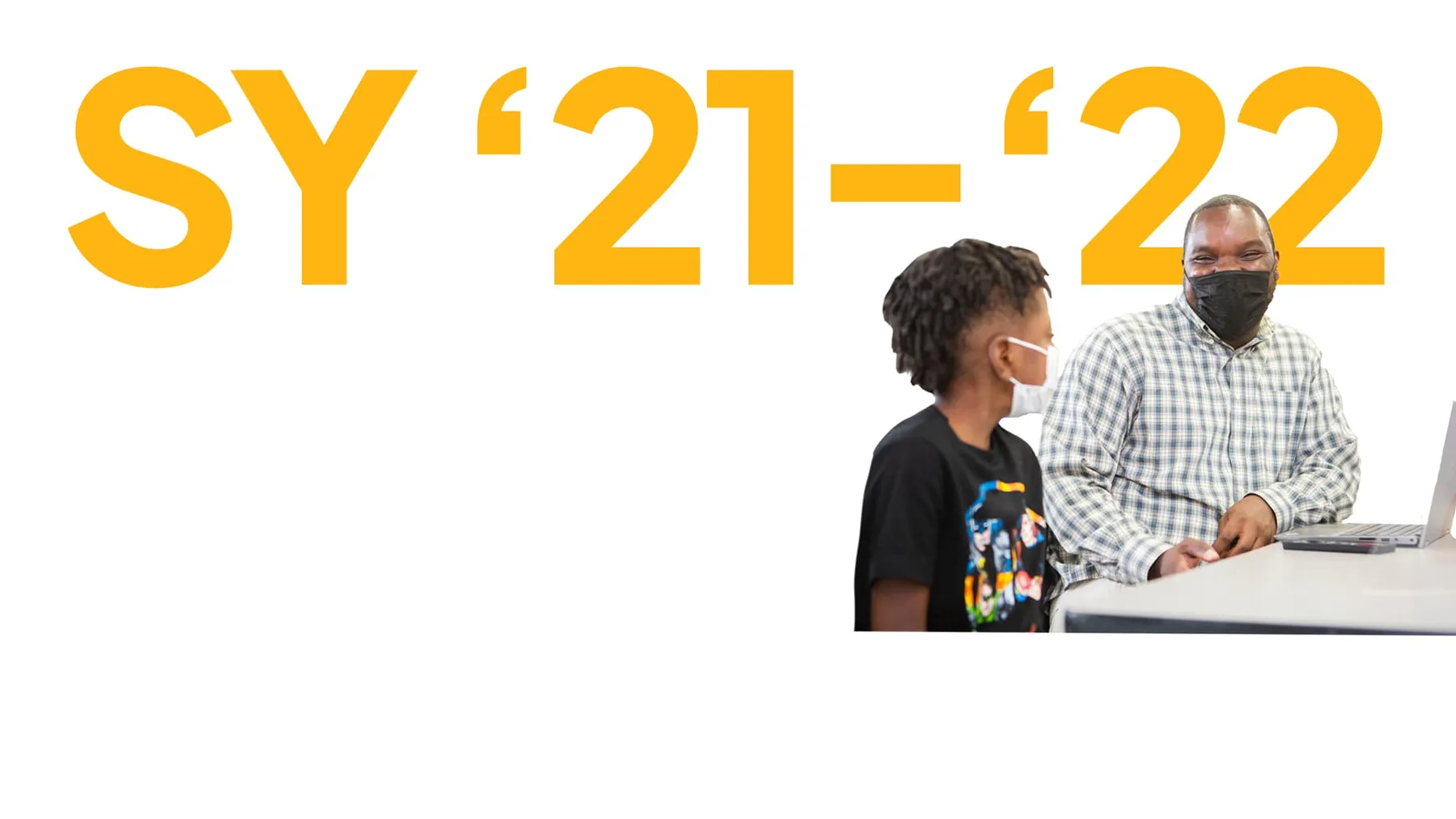 School year 2021–22 graphic with two adults looking at a laptop