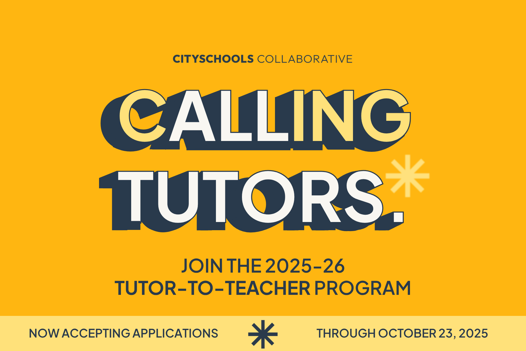 Promotional graphic for the CitySchools Collaborative 2025-26 Tutor-to-Teacher Program, announcing that applications are open through October 23, 2025.
